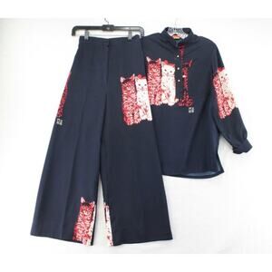 Vintage Kitten Cat Print Blouse Wide Leg Pant Set Small Navy Blue Artsy Japan